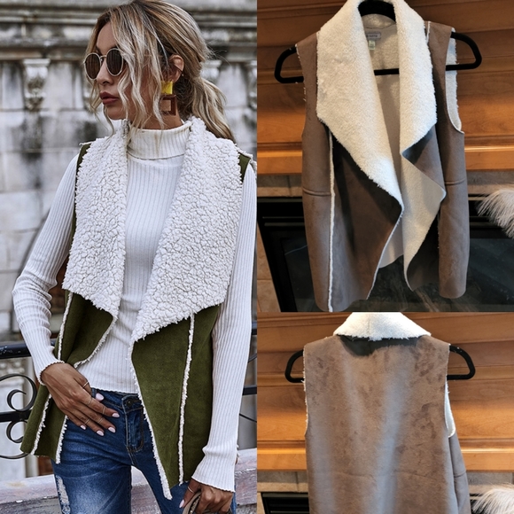 Susina Jackets & Blazers - Susina Womens Olive Green Drape Sleeveless Faux Shearling & Faux Suede Vest S